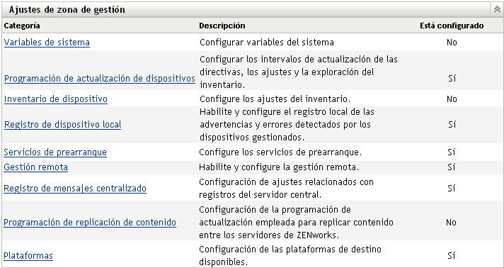 Panel Ajustes de zona de gestión con la categoría Inventario de dispositivo seleccionada.