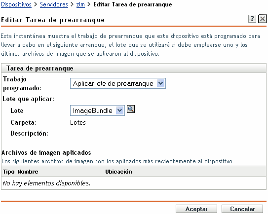 Página Editar trabajo de prearranque con la opción Aplicar lote de prearranque seleccionada en el campo Trabajo programado (también aparecen los campos Lote que aplicar y Archivos de imagen aplicados)