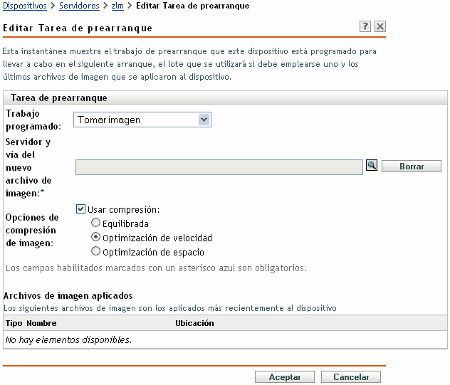 Página Editar trabajo de prearranque con la opción Tomar imagen seleccionada en el campo Trabajo programado (también aparecen los campos Servidor y vía del nuevo archivo de imagen, Opciones de compresión de imagen y Archivos de imagen aplicados)