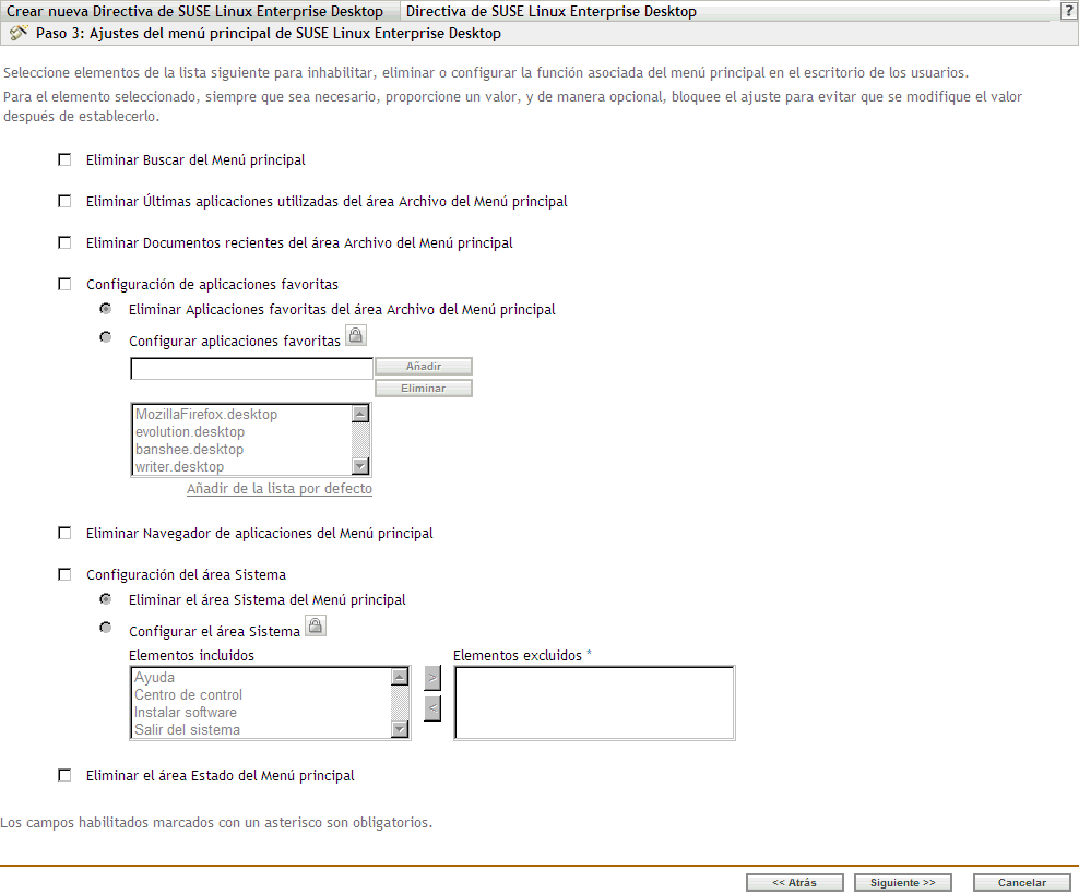 Página de valores de configuración del menú principal de SUSE Linux Enterprise Desktop