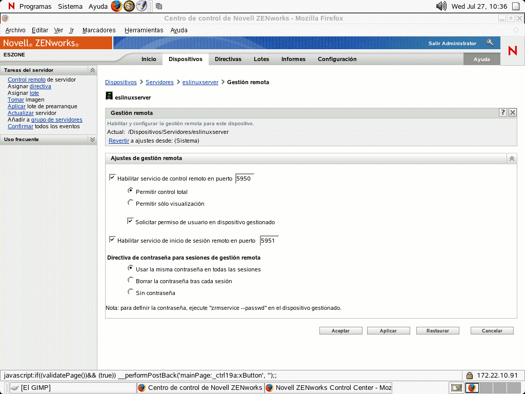 Página Gestión remota