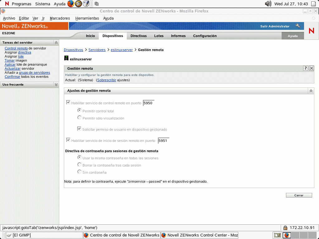 Página Gestión remota