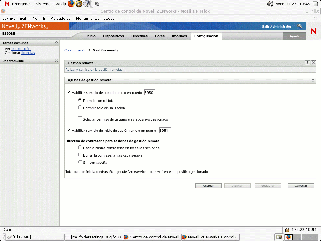 Página Gestión remota