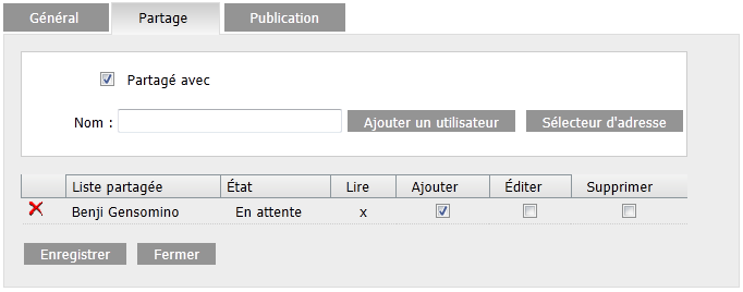 Boîte de dialogue Partager agenda