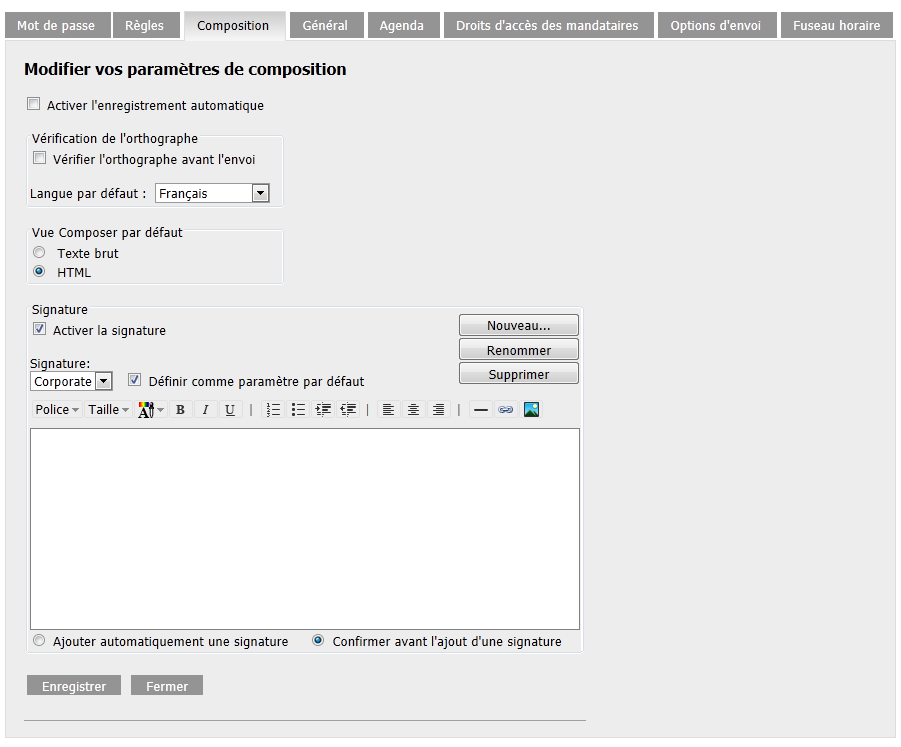 Vue des options de composition