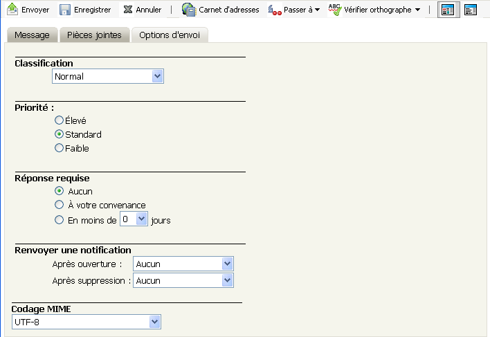 Options d'envoi de la vue Message