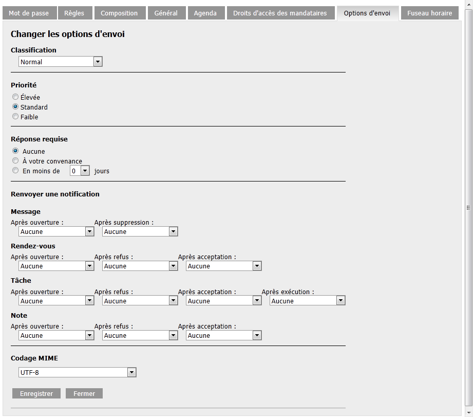 Vue Options avec l'onglet Options d'envoi sélectionné