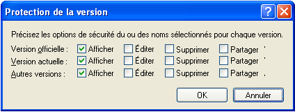 Boîte de dialogue Protection de la version