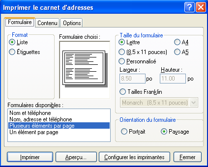Boîte de dialogue Imprimer le carnet d'adresses