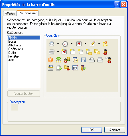 Onglet Personnaliser de la fenêtre Propriétés de la barre d'outils