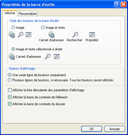 Onglet Afficher de la fenêtre Propriétés de la barre d'outils