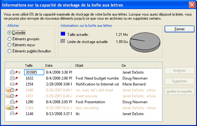 Boîte de dialogue Informations sur la capacité de stockage de la boîte aux lettres