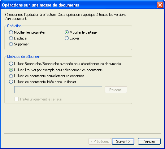 Boîte de dialogue Opérations sur une masse de documents