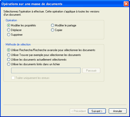 Boîte de dialogue Opérations sur une masse de documents