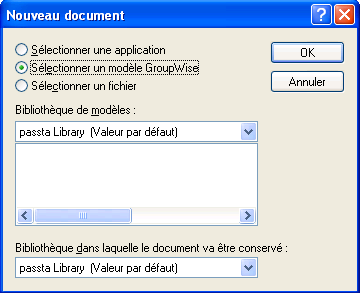 Boîte de dialogue Nouveau document avec l'option Sélectionner un modèle GroupWise activée
