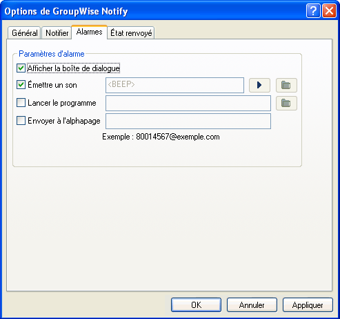 Boîte de dialogue Options de notification avec l'onglet Alarmes