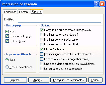 Boîte de dialogue Imprimer l'agenda avec l'onglet Options