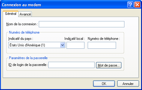 Boîte de dialogue Connexion au modem avec l'onglet Général