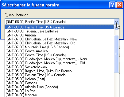 Boîte de dialogue Sélectionner le fuseau horaire