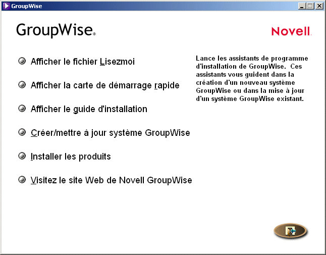 Page principale d'installation de GroupWise  