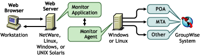 Agent Monitor install sur une machine Windows et application Monitor installe sur un serveur Web NetWare, Linux, Windows ou UNIX