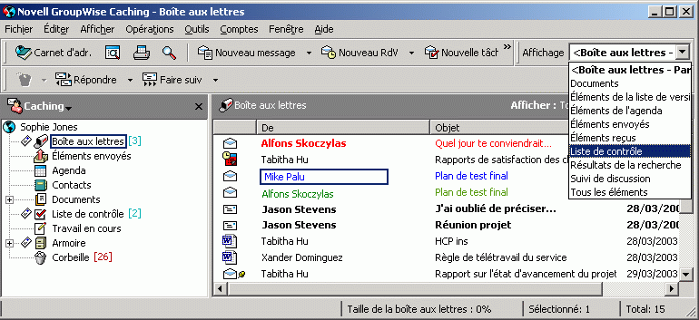 Bote aux lettres affichant la liste de contrle dans la liste droulante Affichage