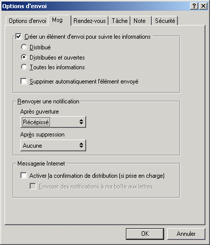 Bote de dialogue Options d'envoi ouverte sur l'onglet Message