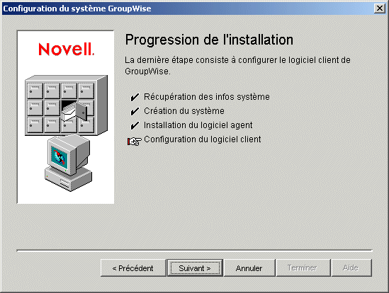 Boîte de dialogue Progression de l'installation : Configuration du logiciel client