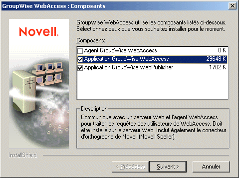 Boîte de dialogue GroupWise WebAccess : Composants