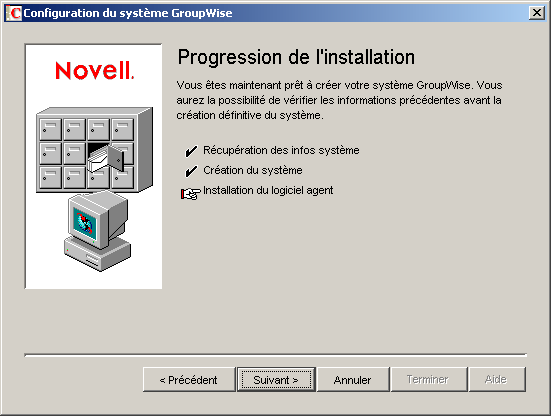 Boîte de dialogue Progression de l'installation : Installation du logiciel agent