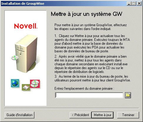 Boîte de dialogue Mettre à jour un système GW