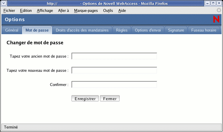 Vue Options avec l'onglet Mot de passe sélectionné