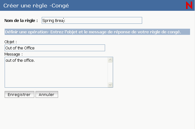 Vue Créer une règle - Congé