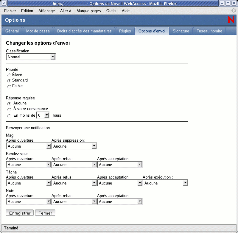 Vue Options avec l'onglet Options d'envoi sélectionné