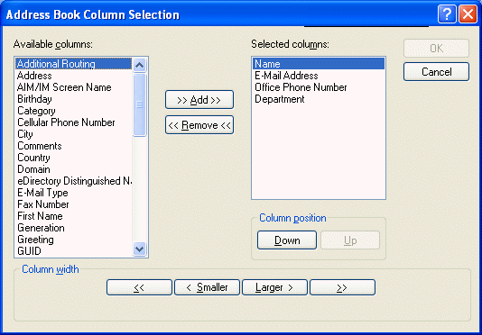 Boîte de dialogue Sélection des colonnes du carnet d'adresses
