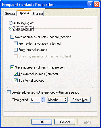 Boîte de dialogue des propriétés des contacts fréquents avec l'onglet Options