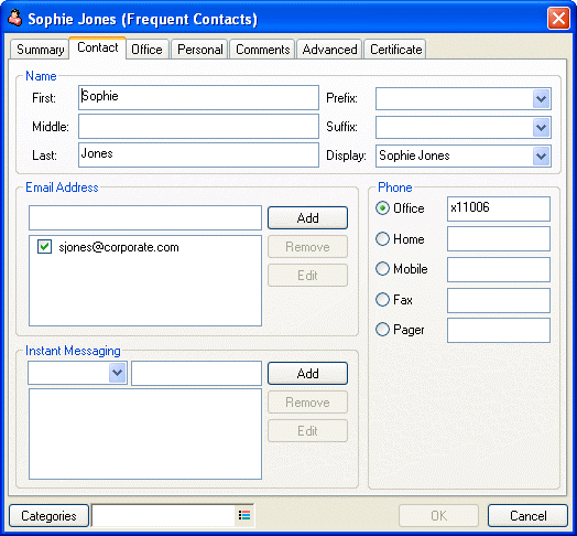 Boîte de dialogue des propriétés du contact avec l'onglet Contact sélectionné