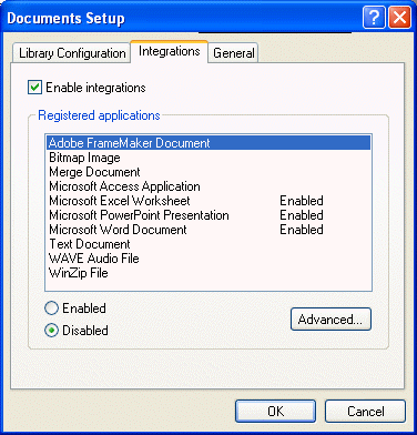 Boîte de dialogue Configuration des documents ouverte sur l'onglet Intégrations