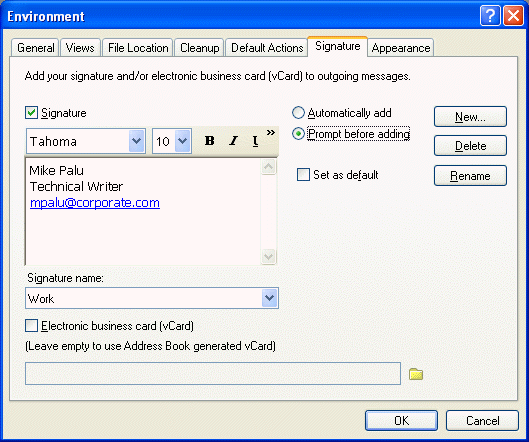 Boîte de dialogue Environnement avec l'onglet Signature