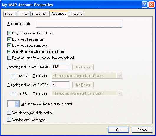 Boîte de dialogue Propriétés du compte IMAP avec l'onglet Avancé