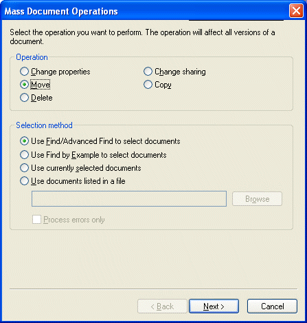 Boîte de dialogue Opérations sur une masse de documents