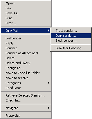 Menu avec options de courrier indésirable