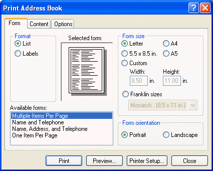 Boîte de dialogue Imprimer le carnet d'adresses