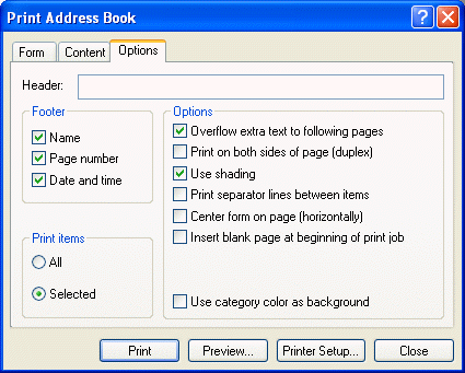 Boîte de dialogue Imprimer le carnet d'adresses avec l'onglet Options