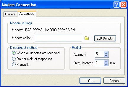 Boîte de dialogue Connexion au modem avec l'onglet Avancé