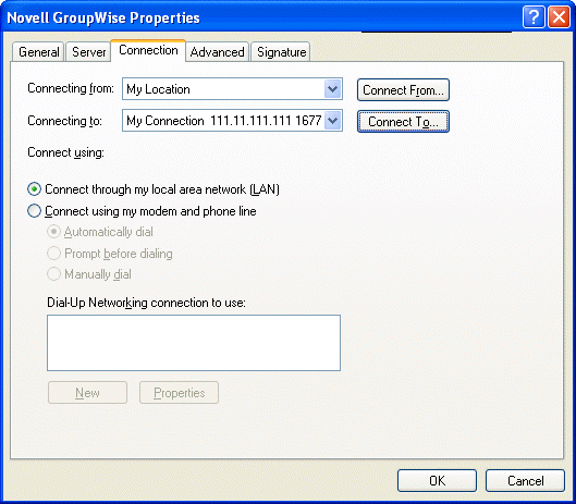 Boîte de dialogue des propriétés de GroupWise avec l'onglet Connexion