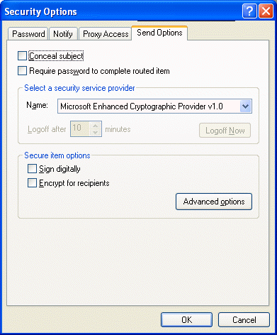Boîte de dialogue Sécurité avec l'onglet Options d'envoi