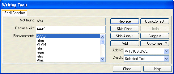 Boîte de dialogue Outils d'aide à la rédaction