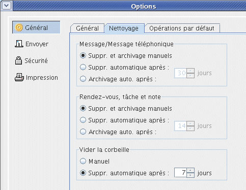 Boîte de dialogue Environnement avec l'onglet Nettoyage