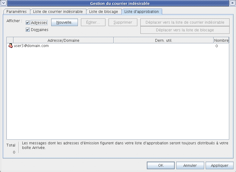 Boîte de dialogue Gestion du courrier indésirable affichant l'onglet Liste d'approbation